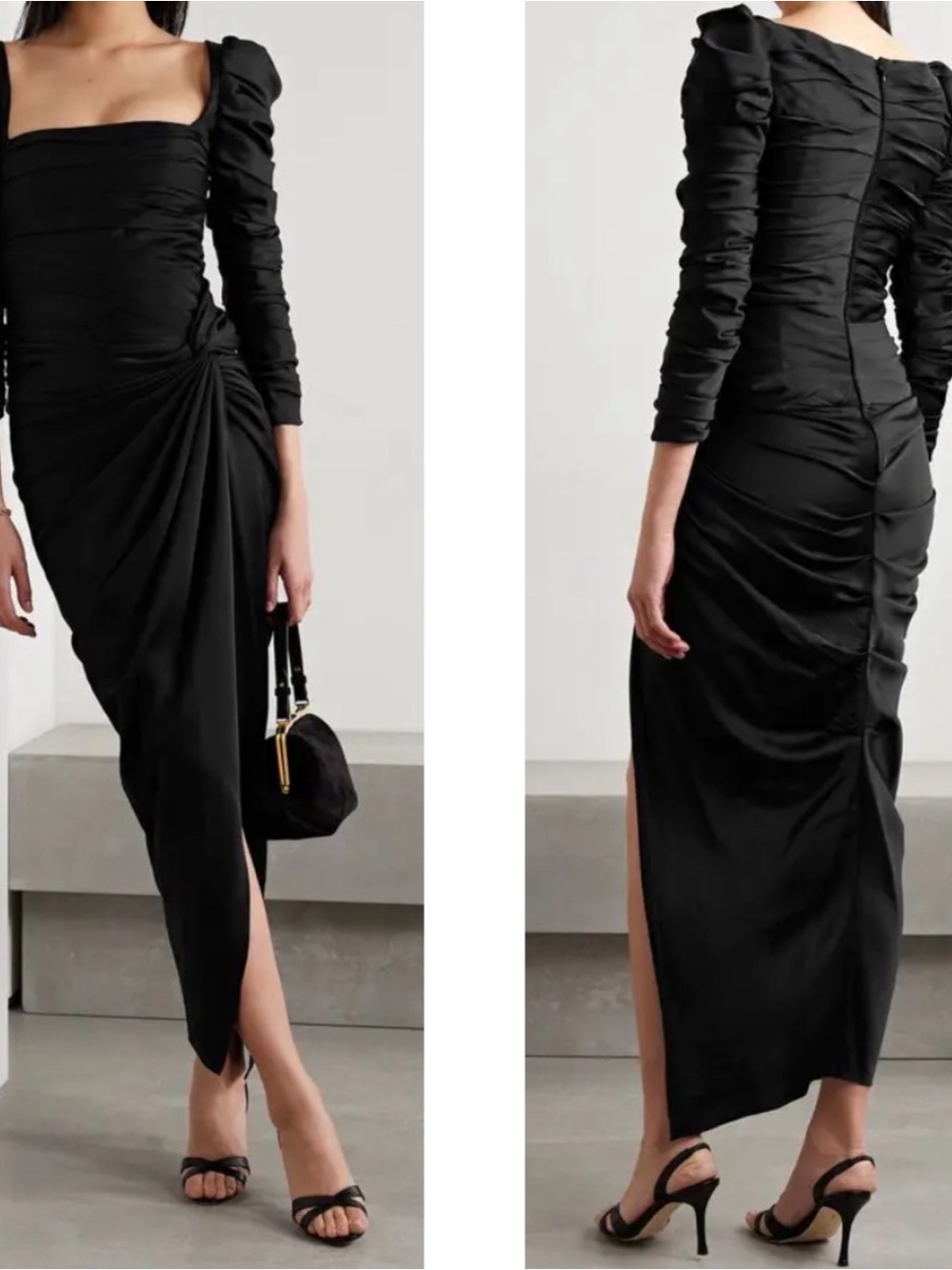 KHAITE Shawna Ruched Long Sleeve Twist Front Satin Black Maxi Dress Size 6